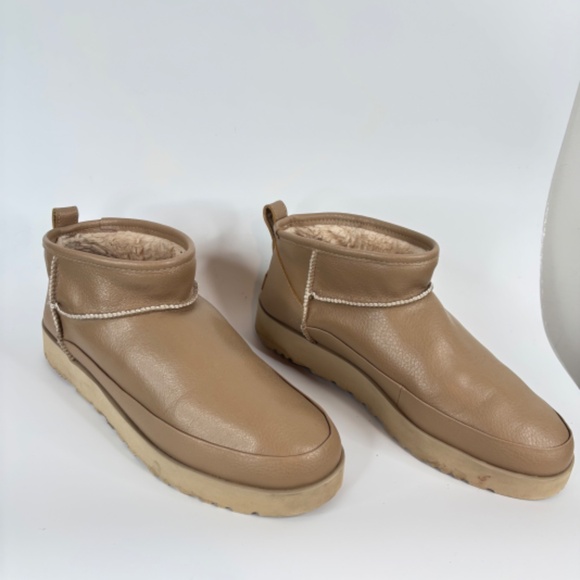 UGG Classic Sugar Ultra Mini Boot 11 Sand Vegan Leather Ankle Bootie Shearling - Picture 3 of 9